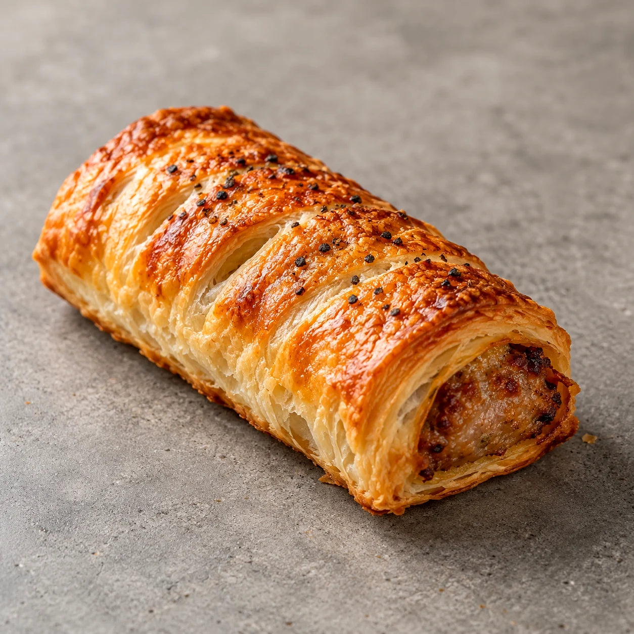 Golden flaky sausage roll on a concrete surface