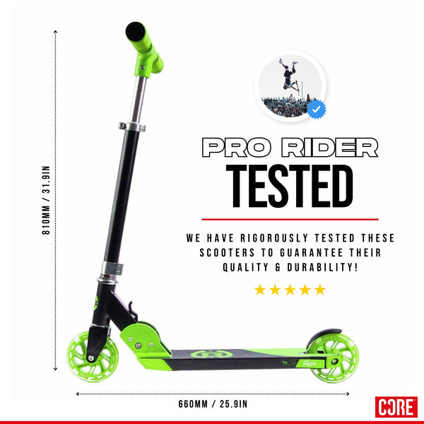 CORE Kids Foldy Junior Kick Scooter – Black/Green (LED Wheel)