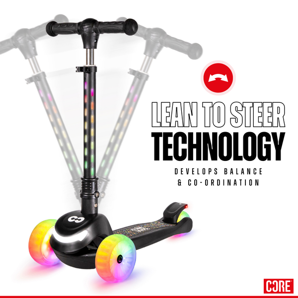 CORE Kids Spark 3 Wheel Scooter (LED Wheel/Bar/Deck) - Black