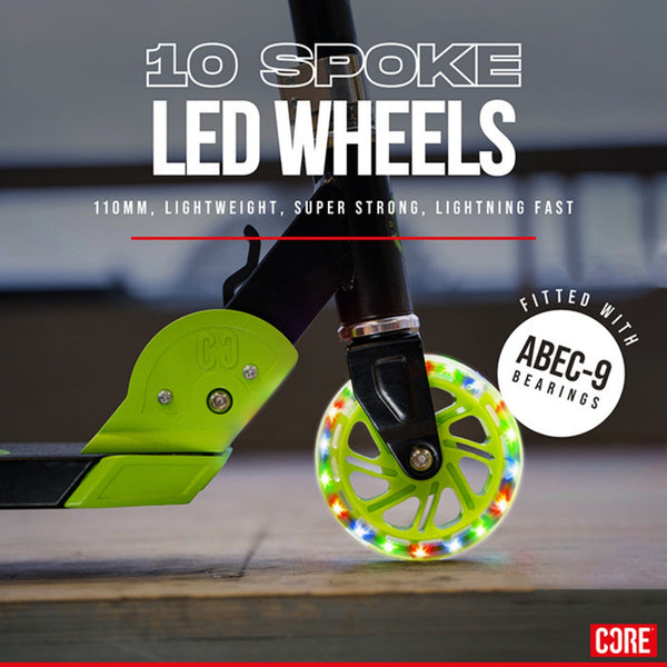 CORE Kids Foldy Junior Kick Scooter – Black/Green (LED Wheel)