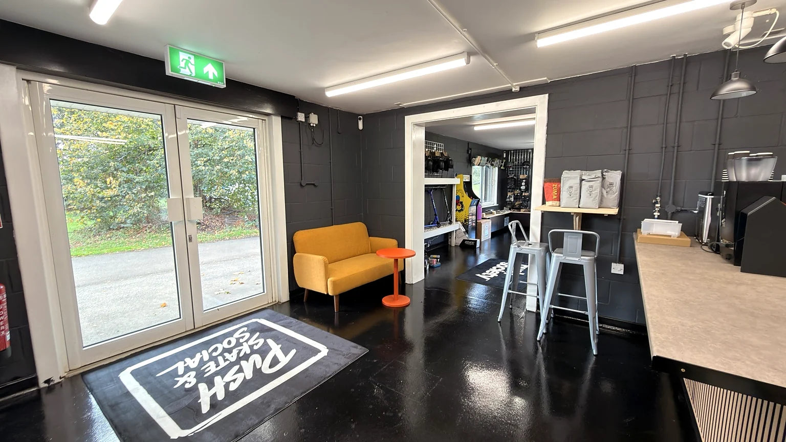 The café seating area, with a view through to the Push Society skate shop
